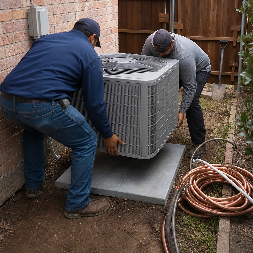 Two HVAC technicians installing a new residential air conditioner unit
