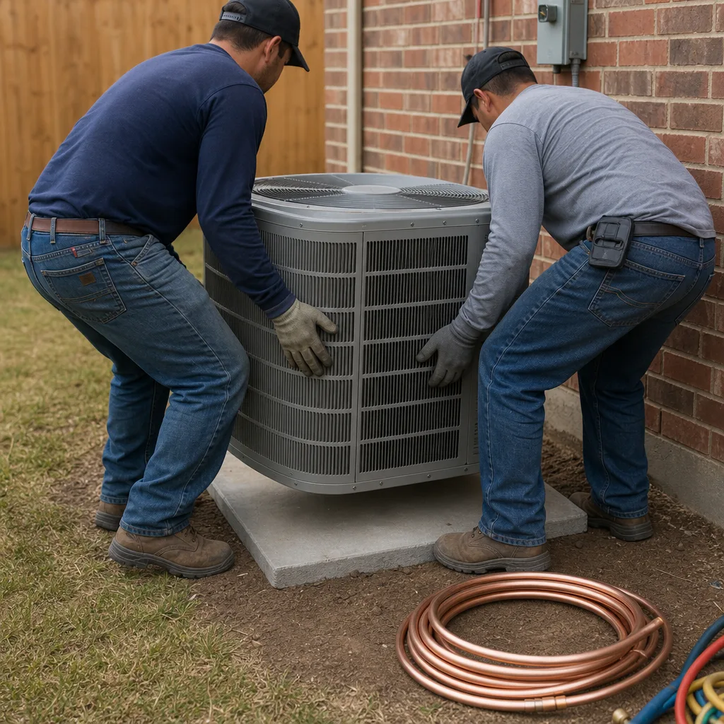 Two professional technicians performing an AC installation outdoors