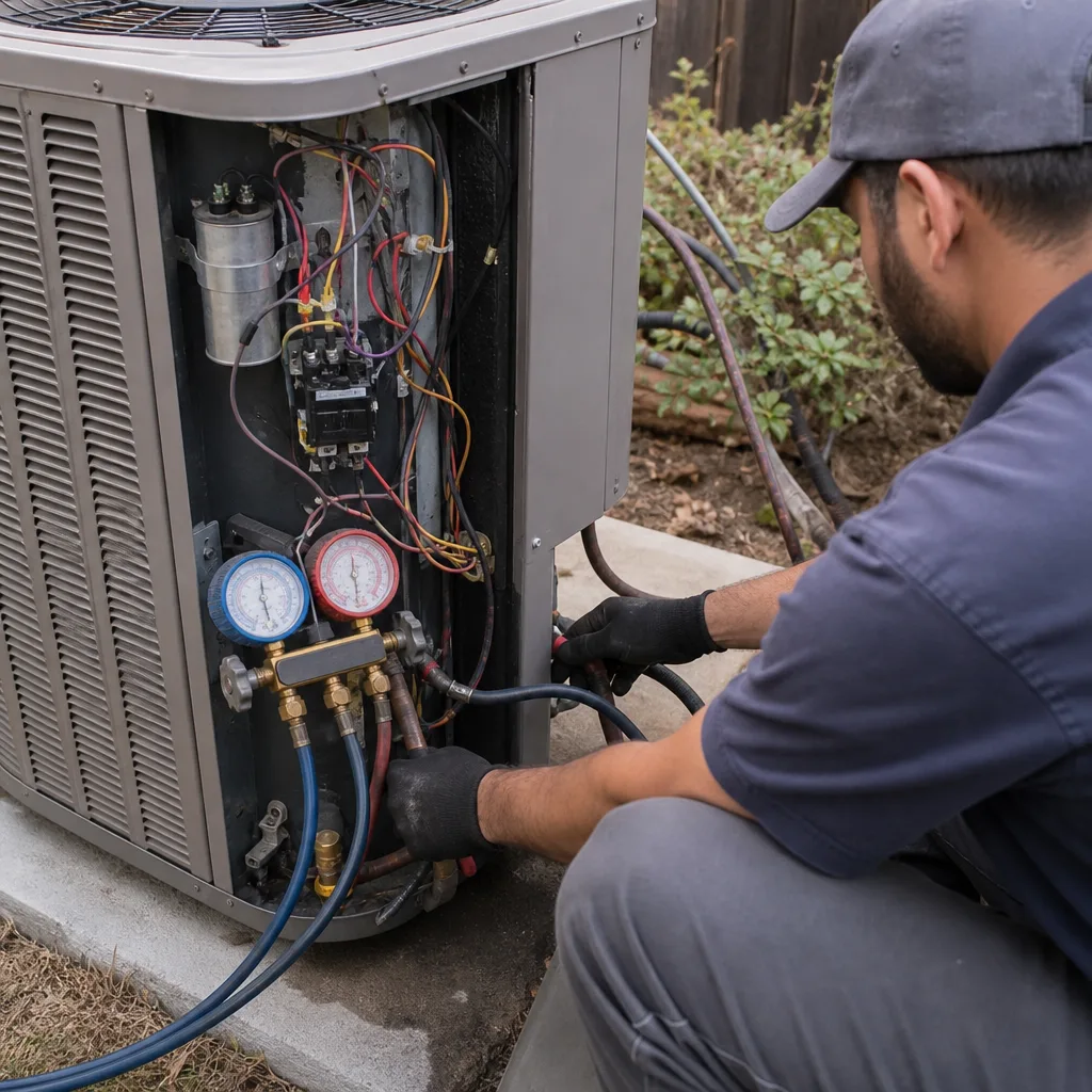 HVAC technician servicing and performing maintenance on an outdoor air conditioning unit
