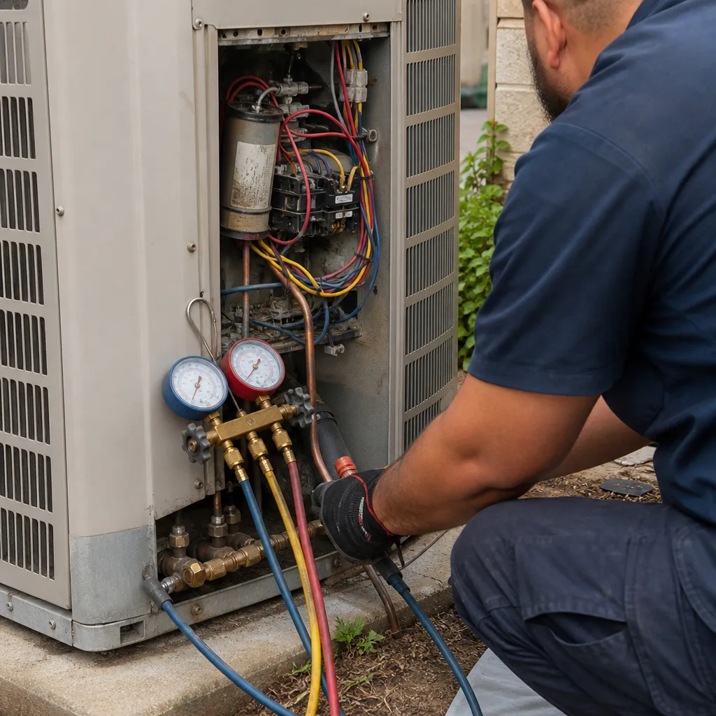 HVAC technician performing professional AC repair and maintenance on unit.