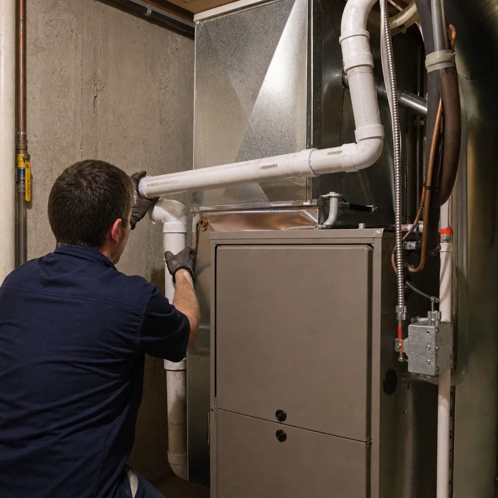 HVAC technician performing a furnace repair on a residential heating system