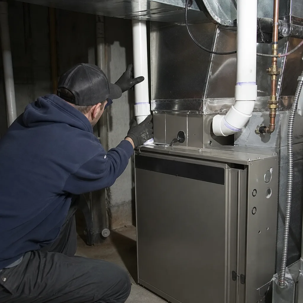 HVAC technician performing furnace repair and maintenance on home heating system